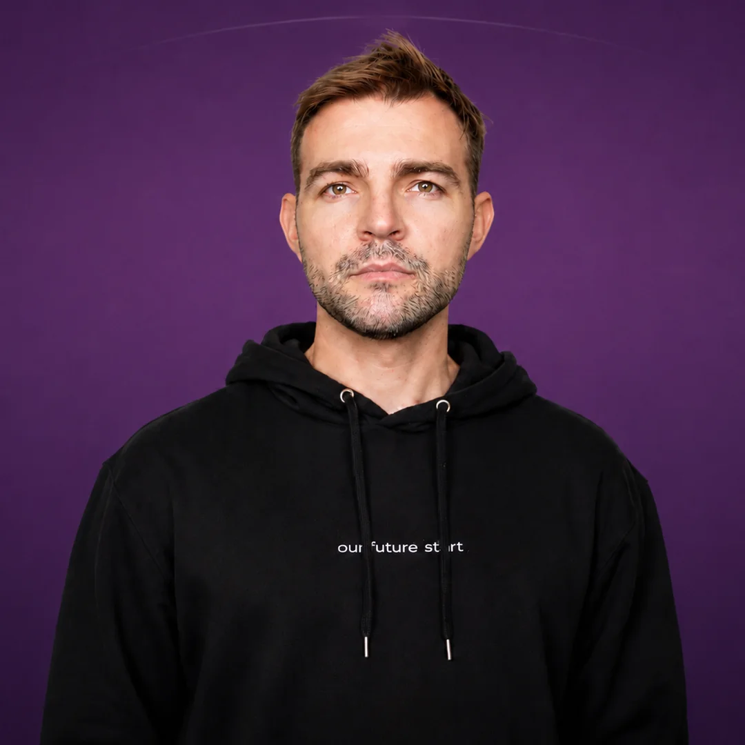 Square portrait of Seb Fehr against a purple background.