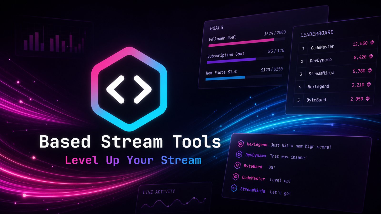 Based Stream Tools logo surrounded by glowing goal, leaderboard, chat, and live-activity panels
