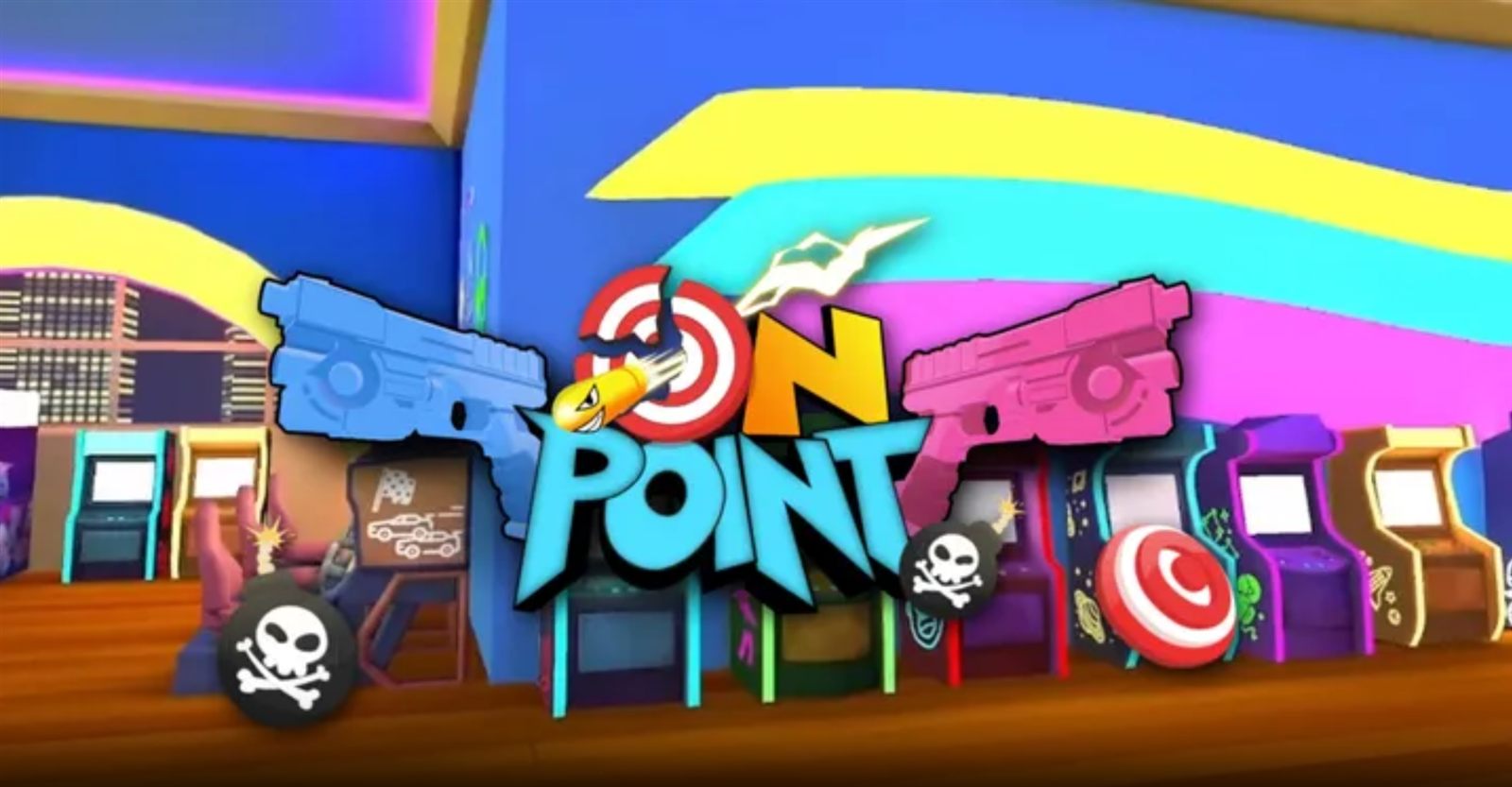 On Point logo surrounded by colourful arcade cabinets and light guns